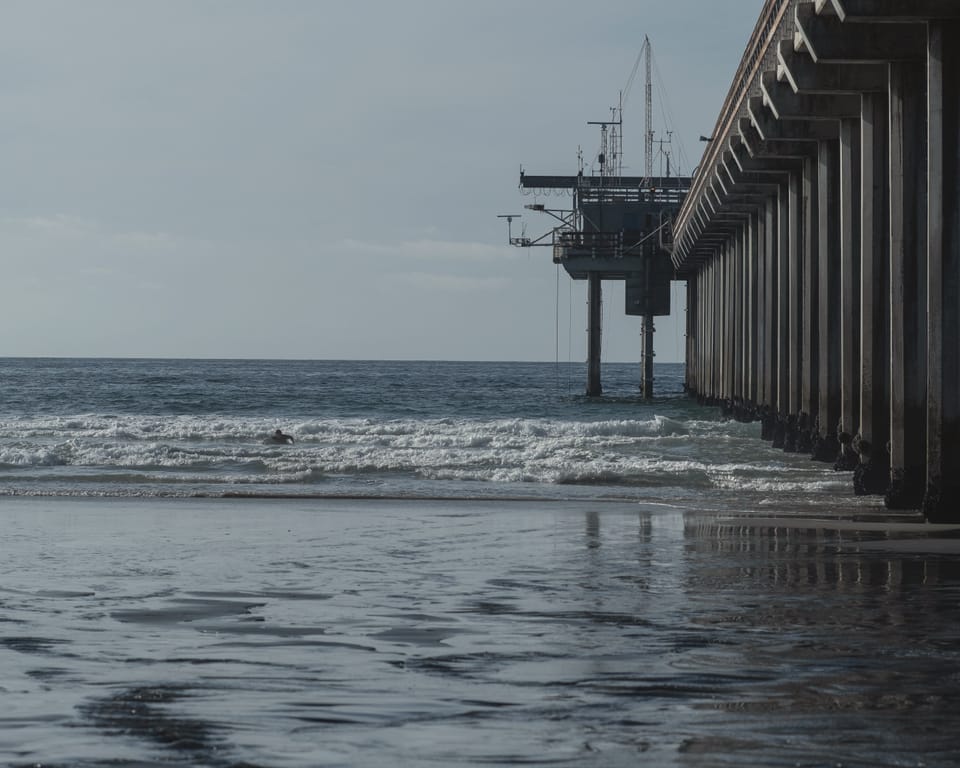 Scripps Pier at blue hour, its pilings reflected in still water